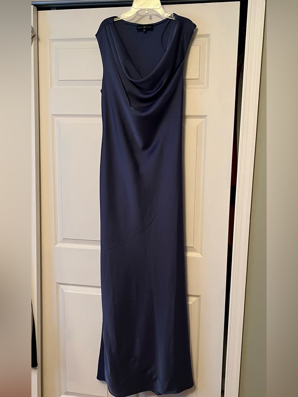 Betsy & Adam Midnight Blue Satin Cowl Maxi Dress